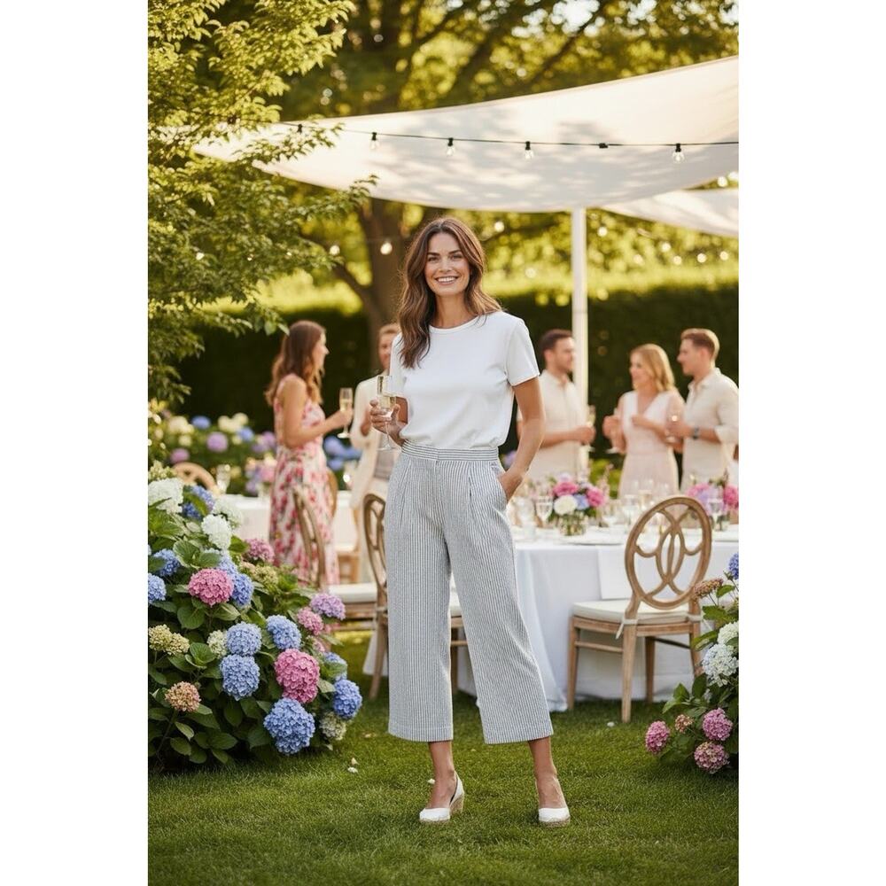 Brooks Brothers Women's Size 10 Blue White Seersucker Straight Crop Trouser Pant